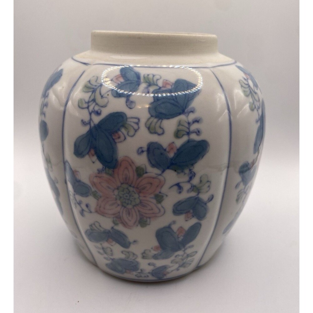 White Ceramic Vase, Glazed Round Shape, Blue & Pink Floral Pattern Jar Form